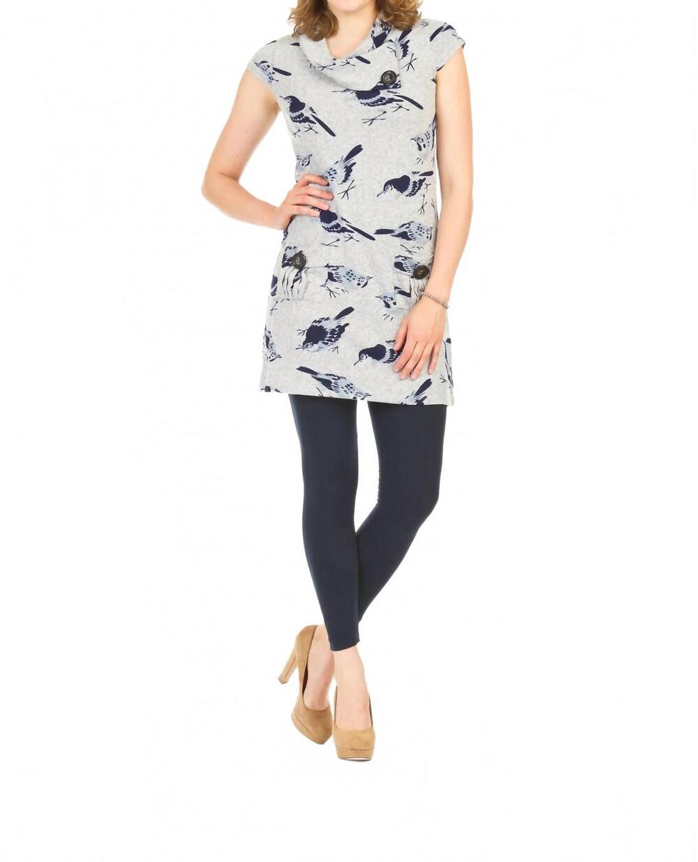 NEW PAPILLON bird print drape collar dress in grey